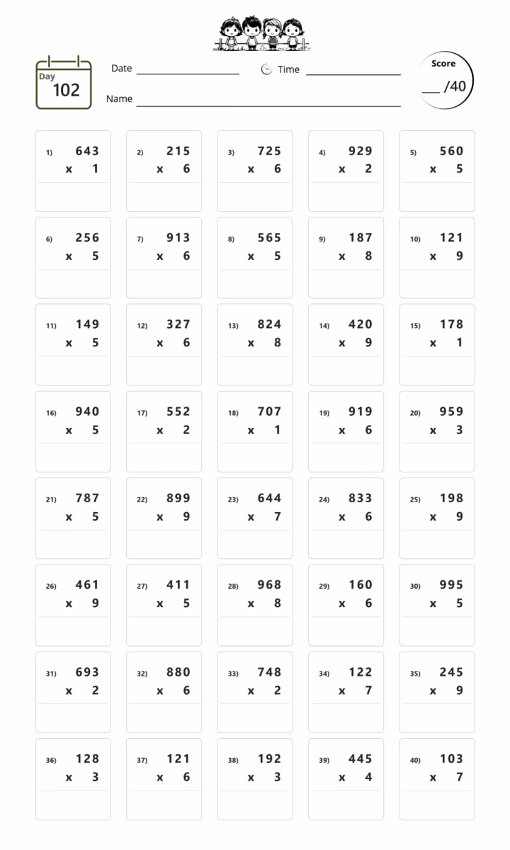 Mixed practice — Day 34 with two-digit × one-digit multiplication