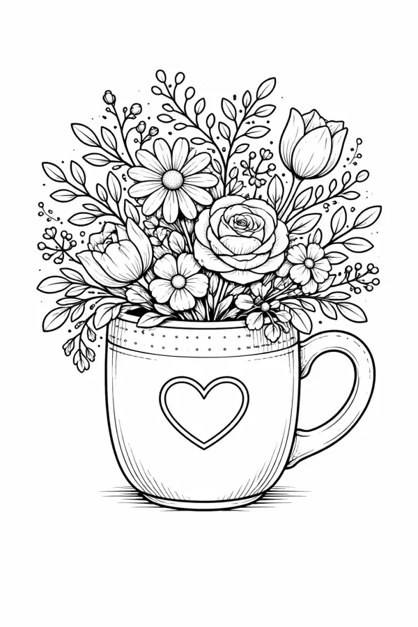 cozy mug floral coloring page printable free for adults flowers in cup cute cozy design line art