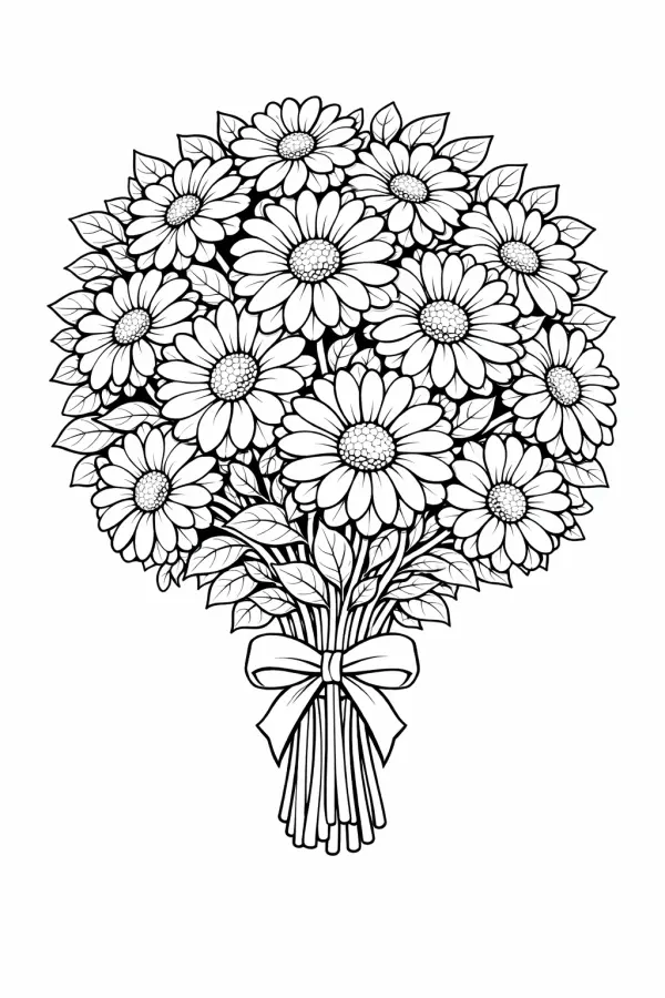 daisy bouquet coloring page printable free for adults flower bouquet with ribbon simple floral line art
