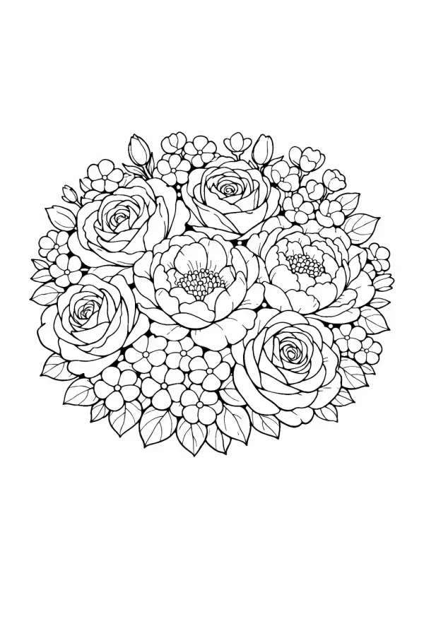 floral bouquet coloring page printable free for adults roses peonies flowers detailed design
