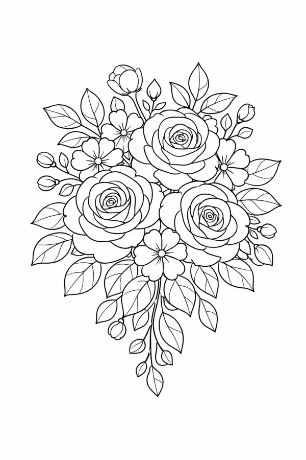 free rose bouquet coloring page printable elegant roses floral line art for adults aesthetic coloring page