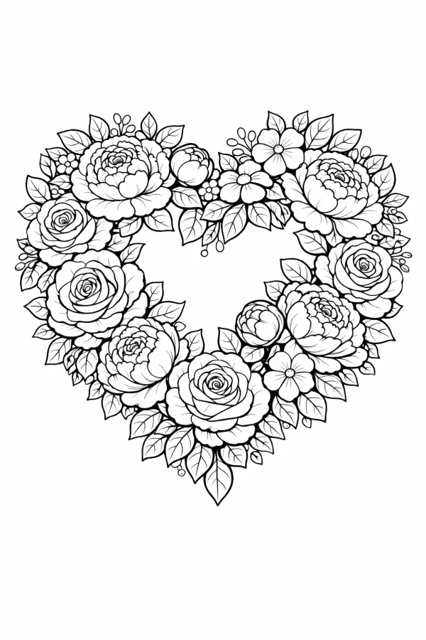heart floral wreath coloring page printable free for adults roses peonies romantic flower heart design line art