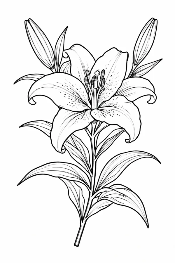 lily flower coloring page printable free for adults elegant lily with buds and leaves botanical line art