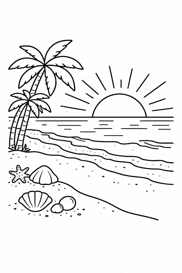 Calm beach sunset coloring page – printable relaxing ocean scene for adults PDF