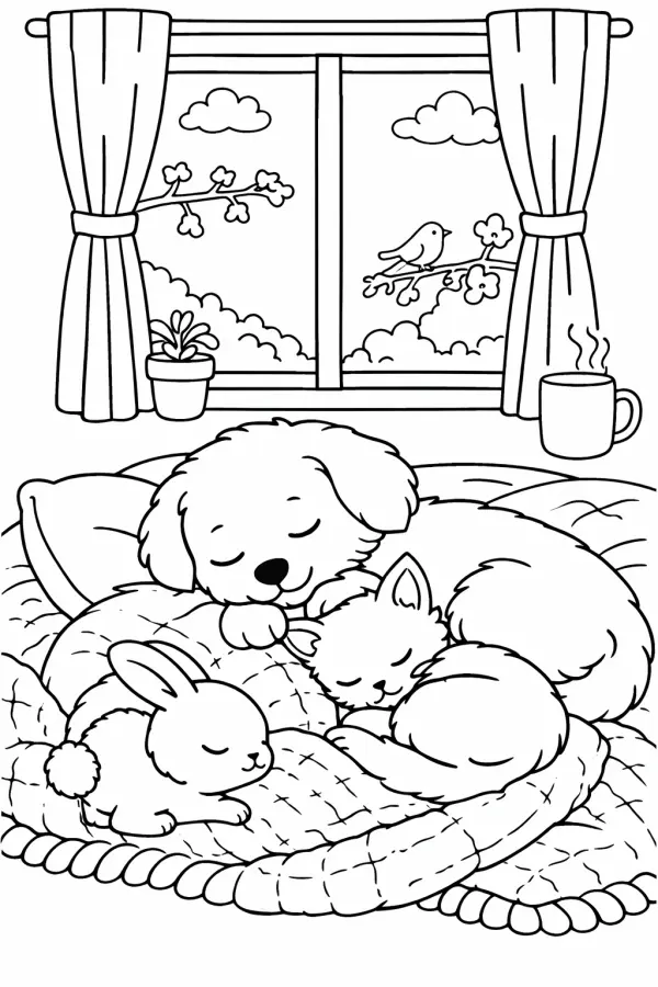 Free printable cozy animals sleeping coloring page for adults (PDF download)