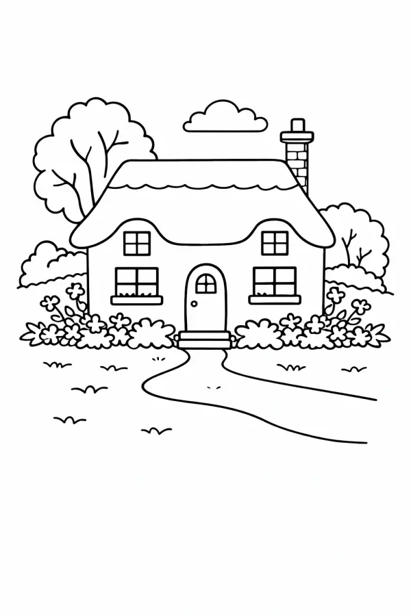 Countryside house coloring page – free printable rural scene for adults