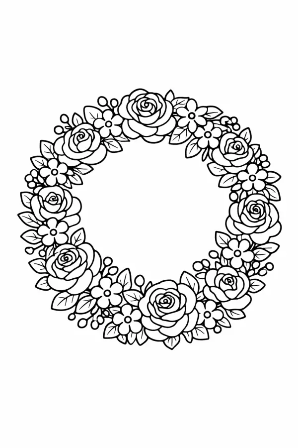 Floral wreath coloring page – printable circular flower design for adults (free PDF)