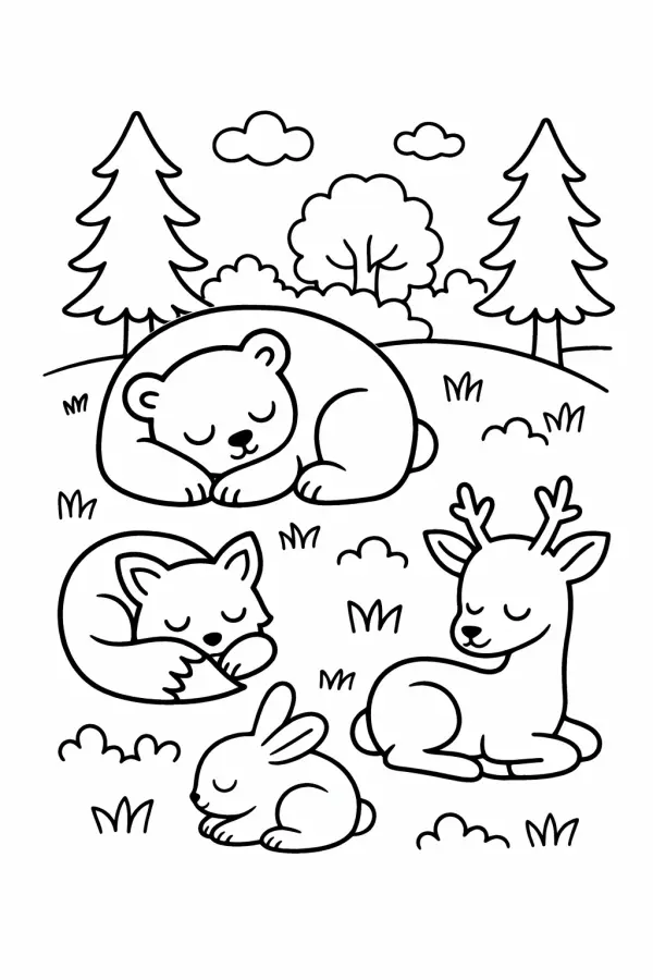 Forest animals relaxing coloring page – printable nature scene for adults (free PDF)