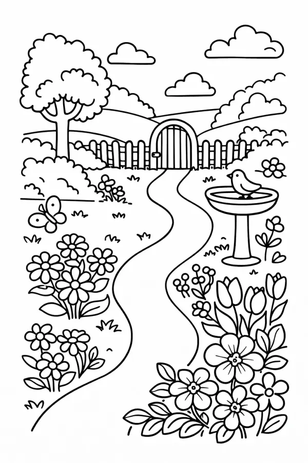 Garden landscape coloring page – printable nature scene for adults (free download)