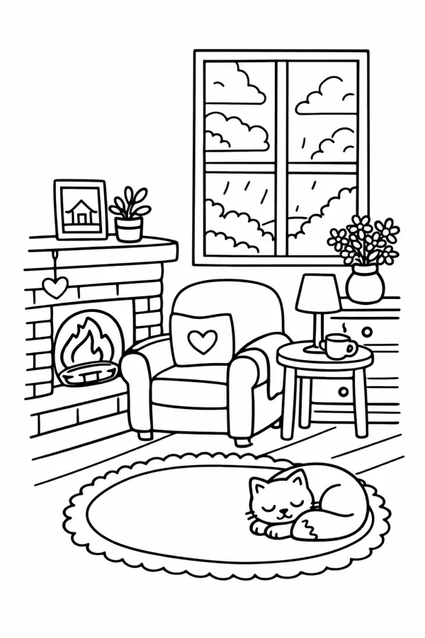 Peaceful cottage interior coloring page – printable cozy home design for adults