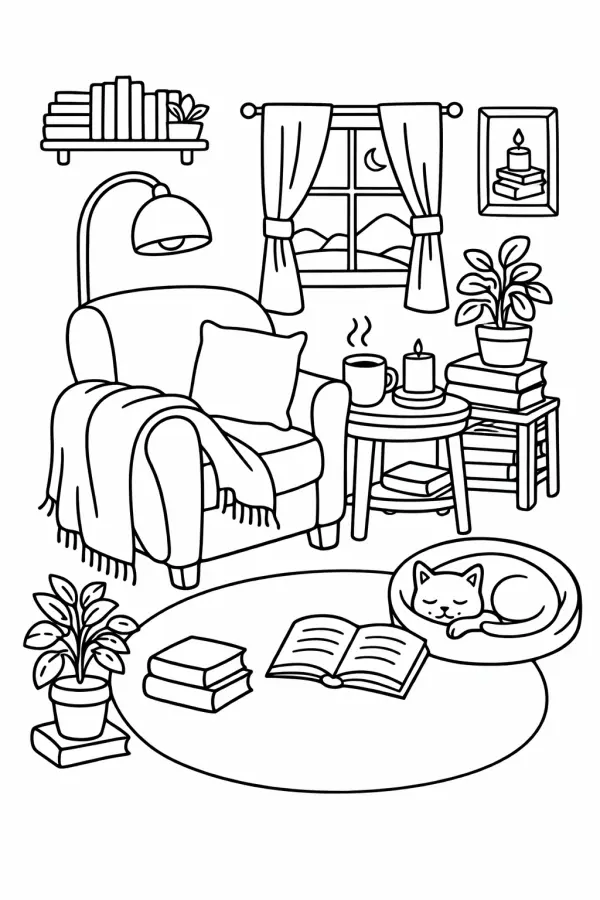 Cozy reading corner coloring page – free printable relaxing home scene for adults