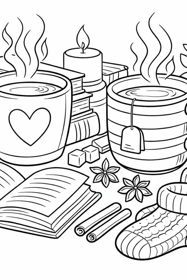 Cozy tea and books coloring page for adults – free printable PDF download