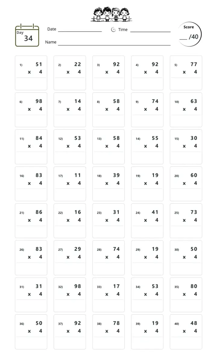 Timed Test — Day 21 with 40 single-digit multiplication problems