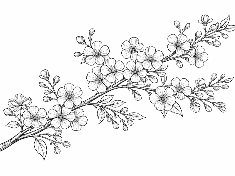 cherry blossom branch coloring page for adults delicate spring sakura floral design