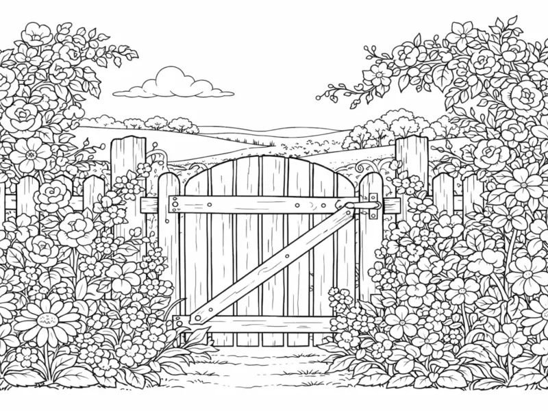 country garden gate flowers coloring page for adults romantic garden entrance