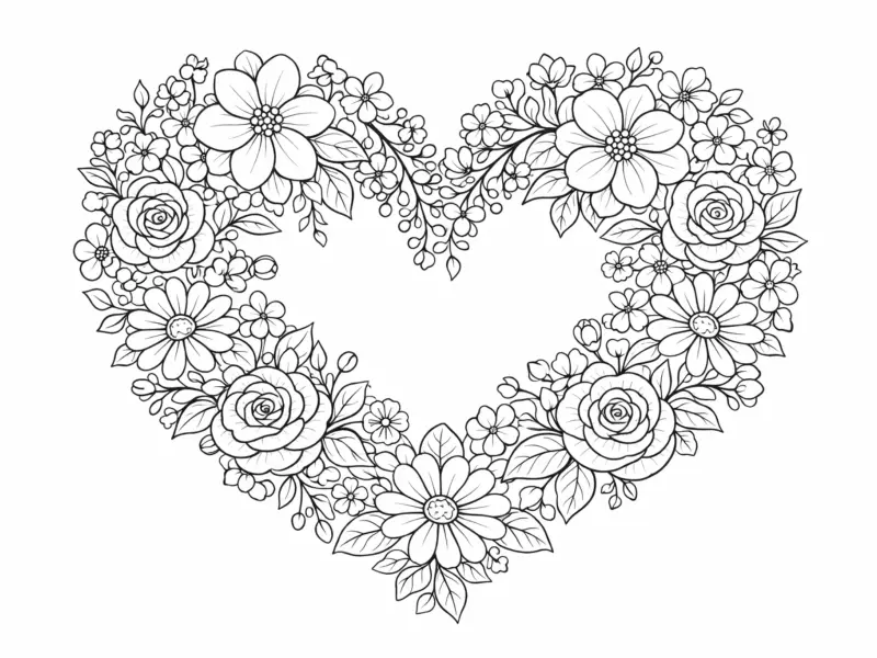 floral heart design coloring page for adults romantic flower heart pattern