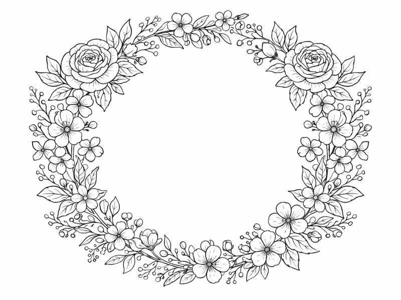 floral wreath coloring page for adults circular botanical flower arrangement