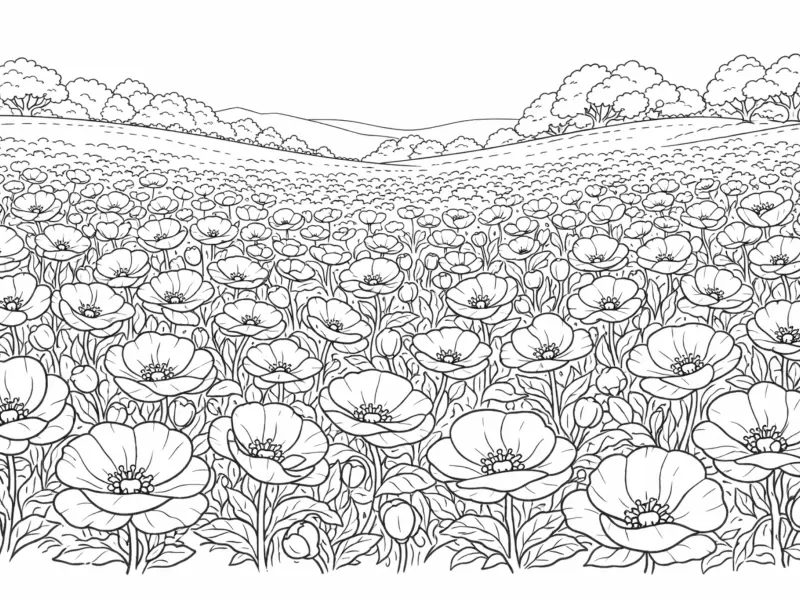 poppy flower field coloring page for adults blooming poppy garden landscape