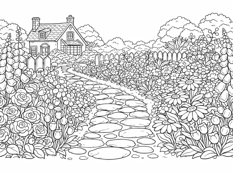 cottage garden flowers coloring page for adults cozy countryside floral scene