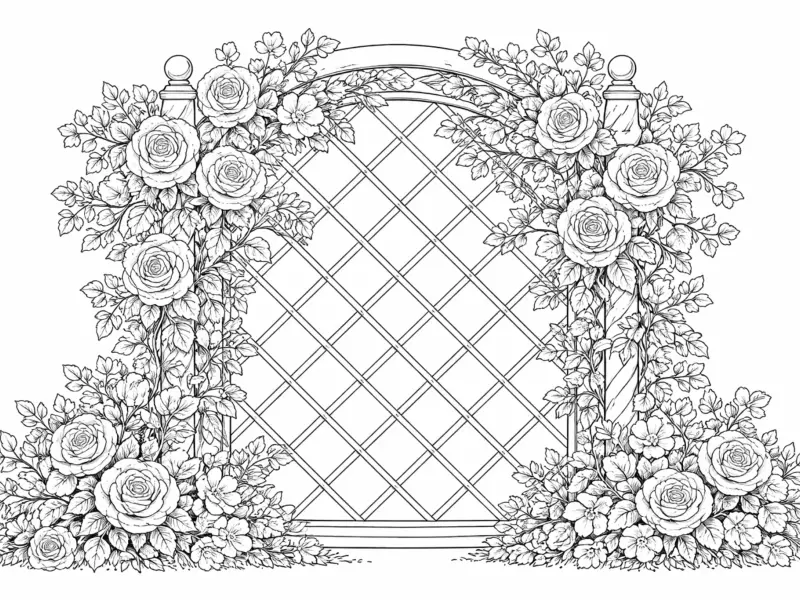 garden roses trellis coloring page for adults climbing rose vines botanical scene