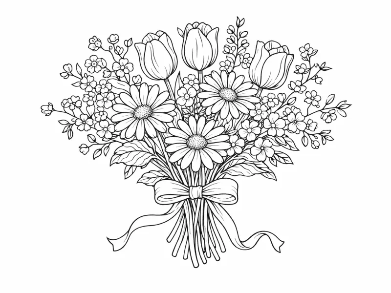 spring flower bouquet coloring page for adults tulips daisies botanical arrangement