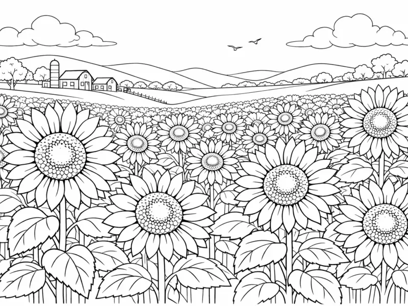 sunflower field coloring page for adults wide sunflower landscape botanical scene