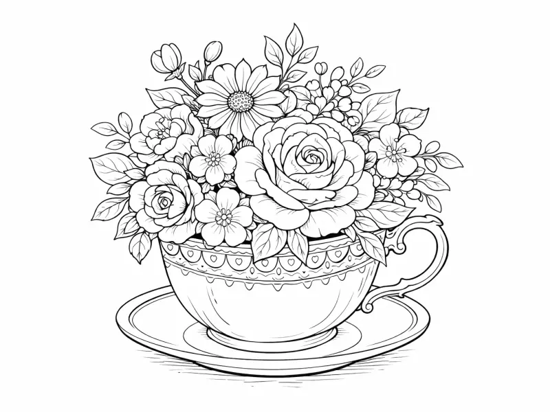 floral teacup arrangement coloring page for adults vintage teacup flower illustration