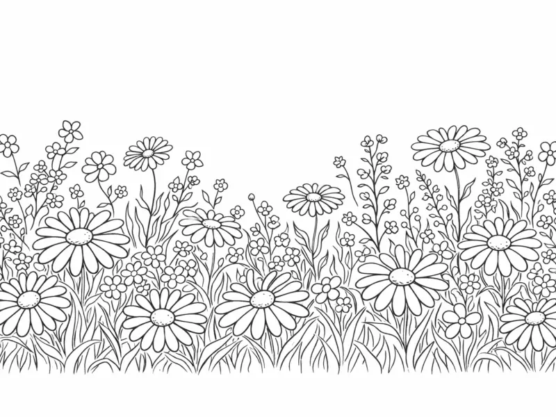 wildflower meadow coloring page for adults with daisies and garden flowers line art