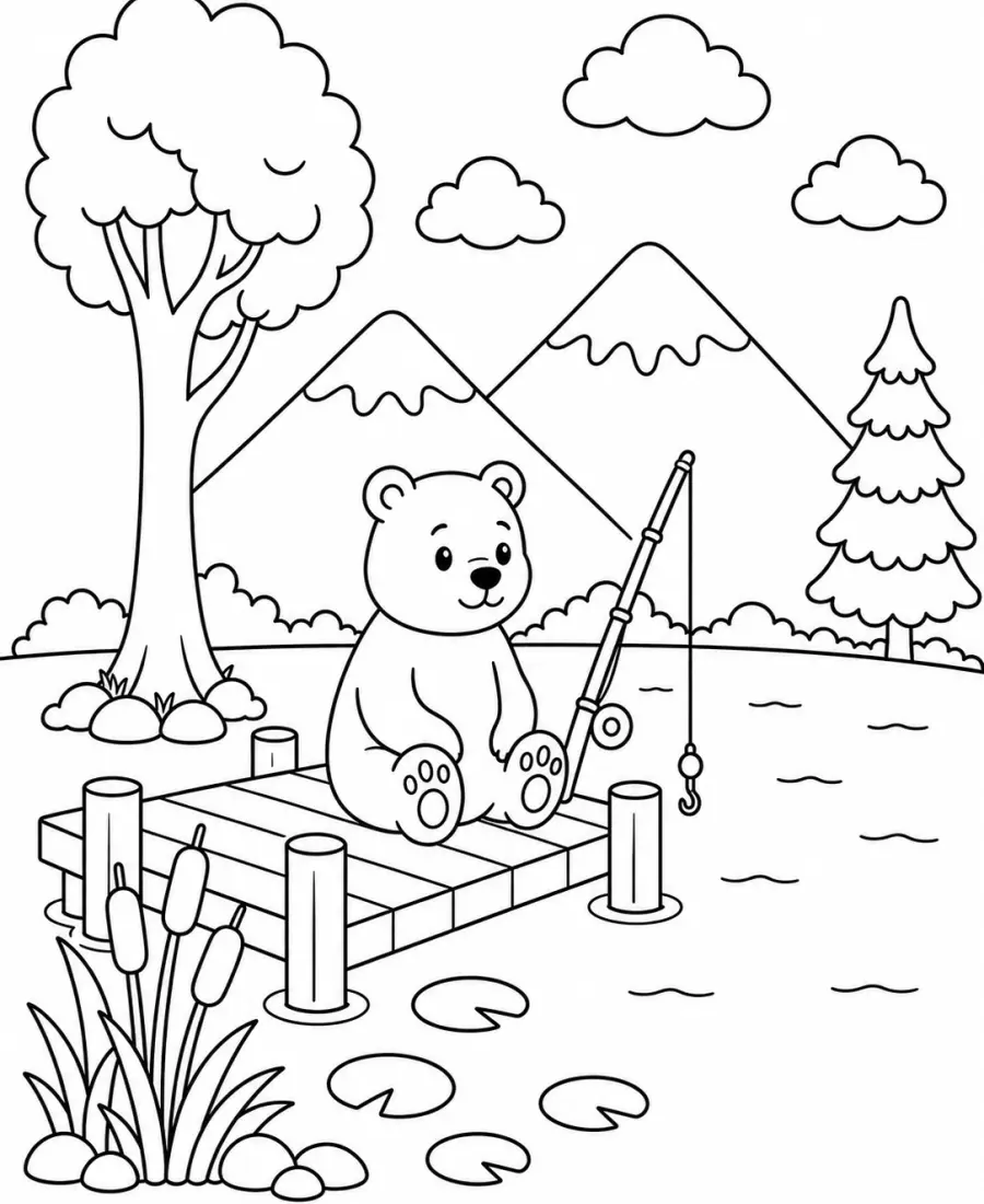 Cozy bear fishing coloring page for adults printable PDF