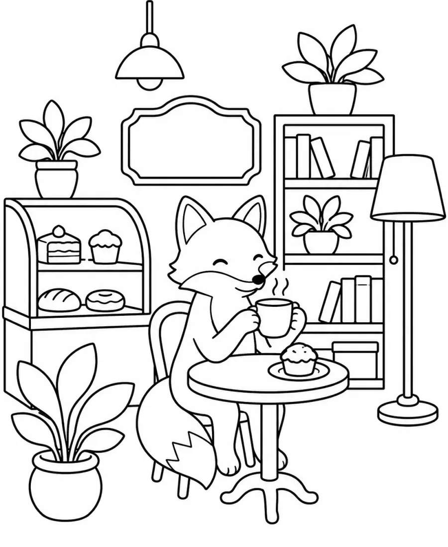 Cozy home office coloring page for adults printable PDF
