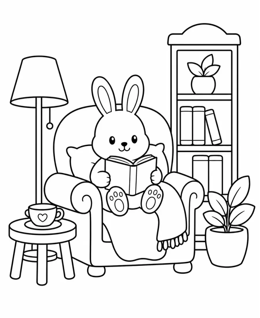 Cozy mouse reading in bed coloring page for adults printable PDF