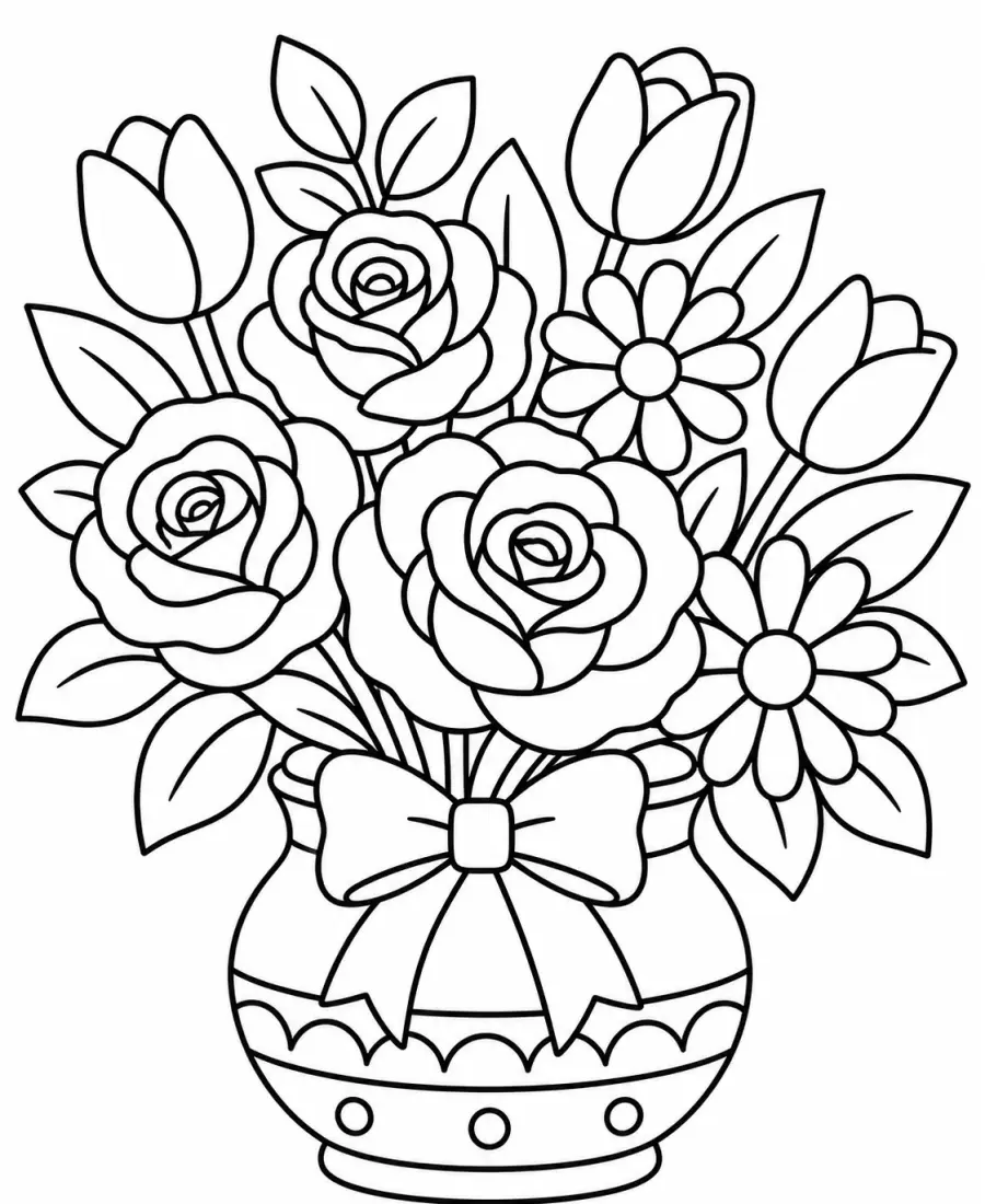 Flower bouquet coloring page for adults printable PDF