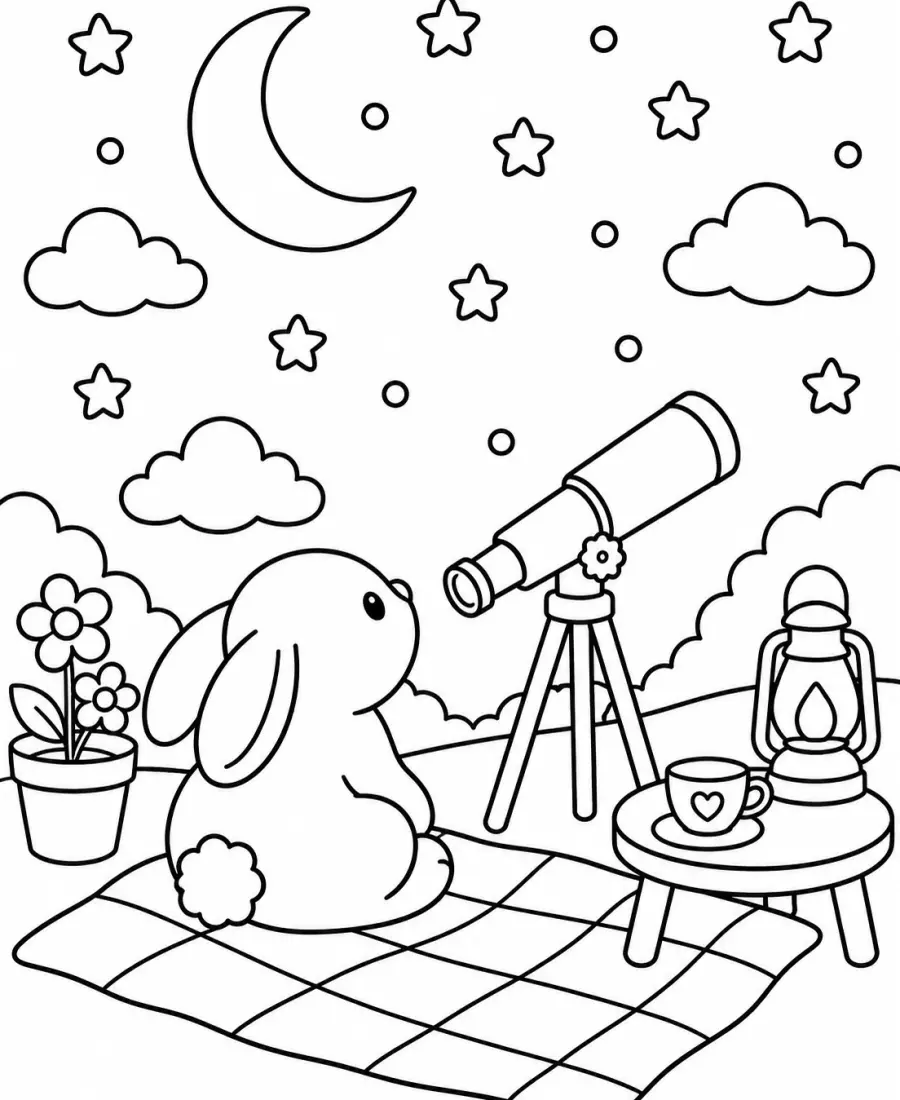 Night sky bunny coloring page for adults printable PDF