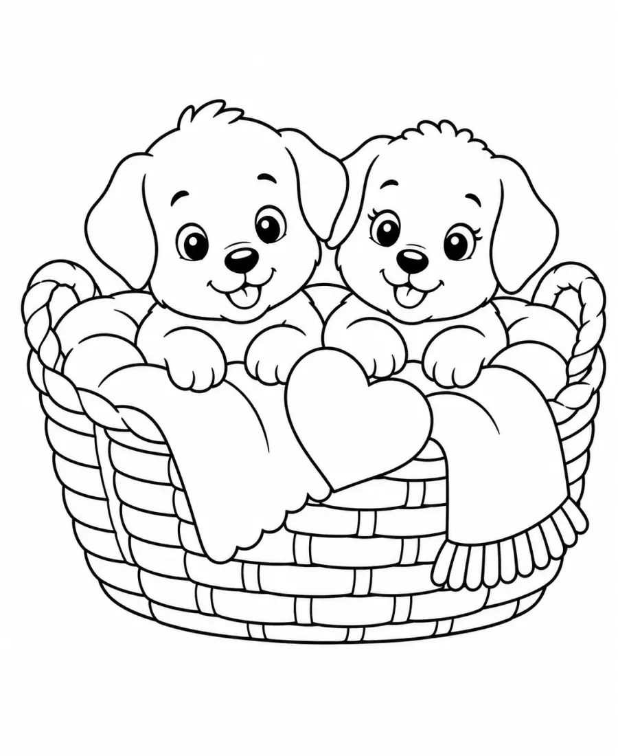 Puppies in basket coloring page for adults printable PDF