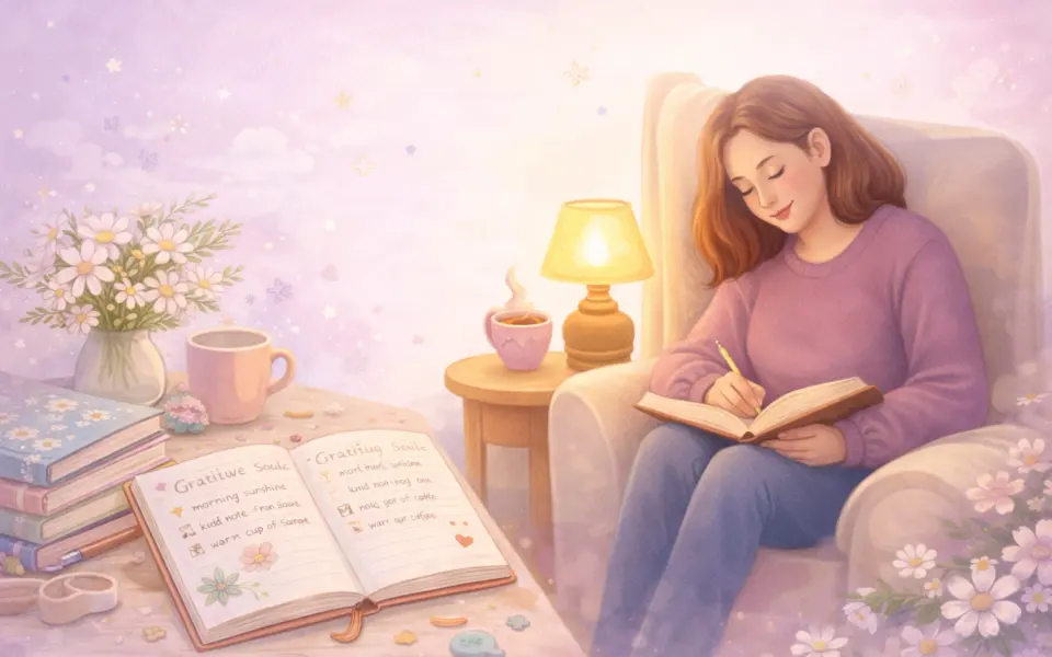 Woman journaling in a calm space, representing mindfulness, gratitude, and creativity