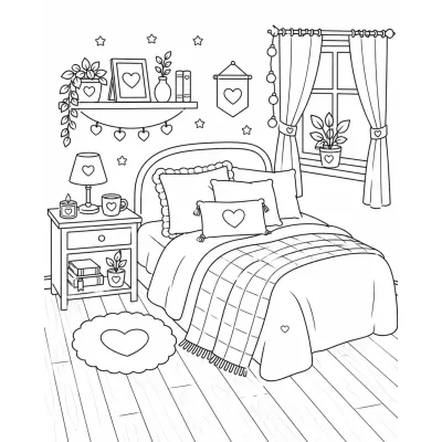 Cozy bedroom coloring page for stress relief