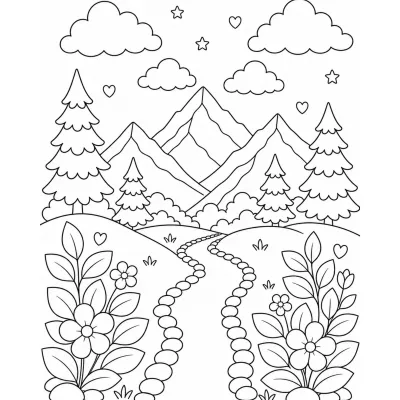 Mountain landscape coloring page for relaxation