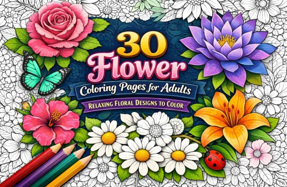 Collection of printable flower coloring pages for adults featuring relaxing floral designs