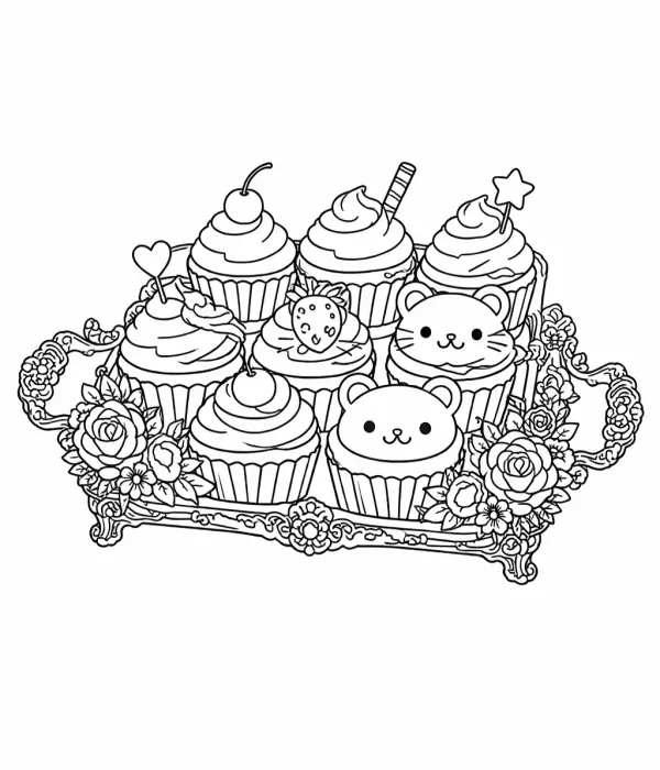 cozy coloring pages for adults bakery cupcakes on tray printable cozy dessert design