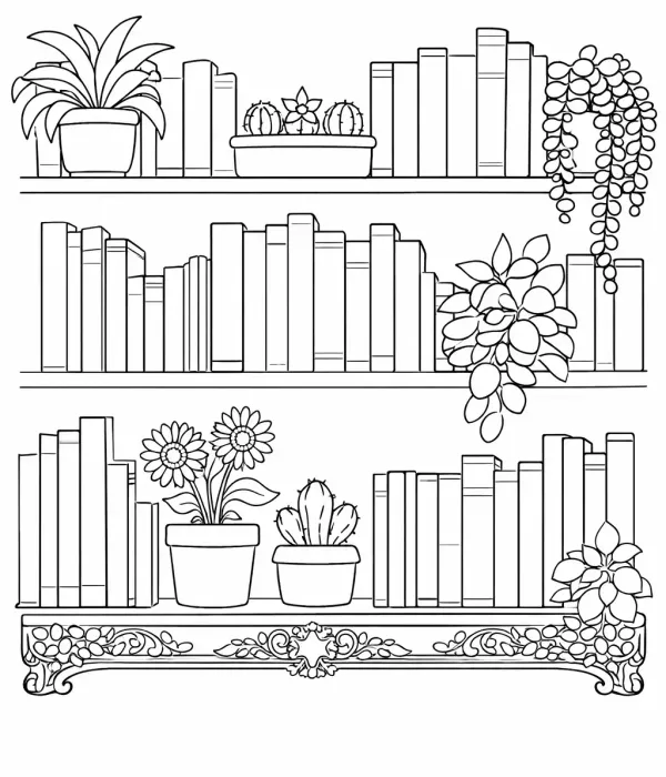 cozy coloring pages for adults bookshelf with plants printable cozy room design