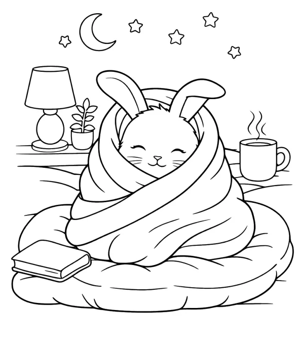 cozy coloring pages for adults bunny in blanket printable relaxing design