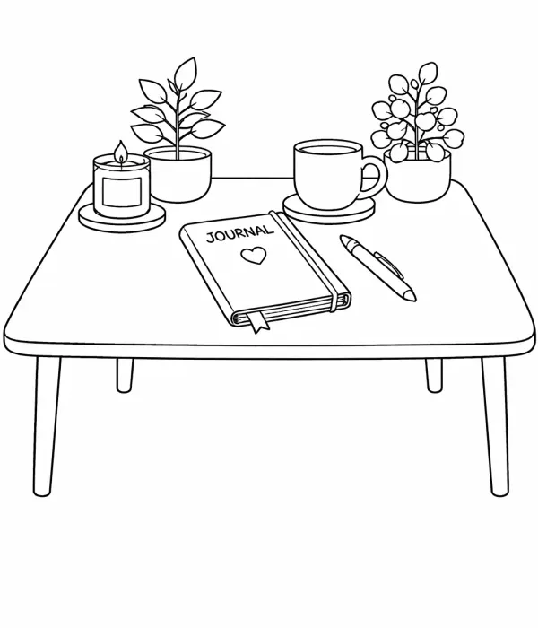 cozy coloring pages for adults desk with journal and candle printable cozy room design