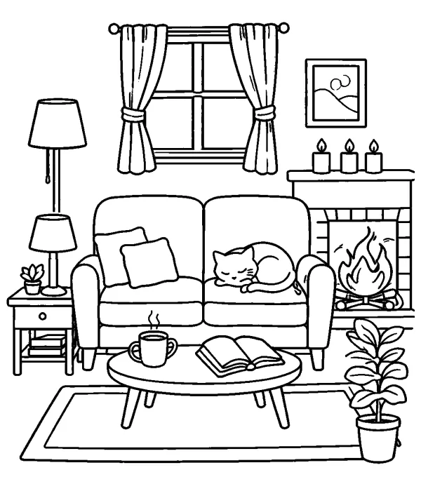 cozy coloring pages for adults living room with soft lighting printable cozy room design