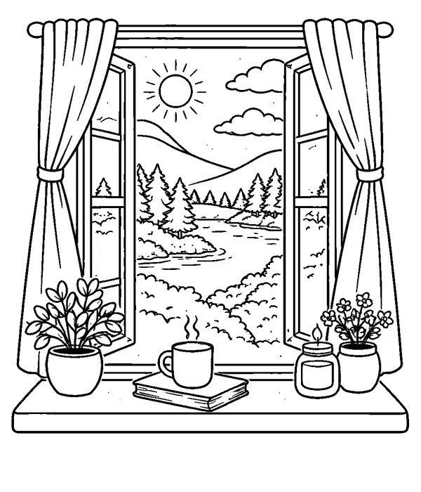 cozy coloring pages for adults nature scene through window printable peaceful design