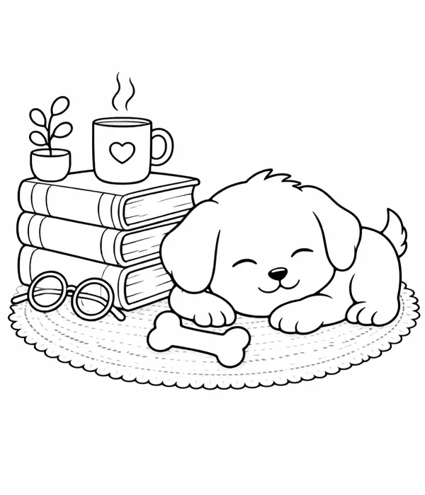 cozy coloring pages for adults puppy next to books printable relaxing design