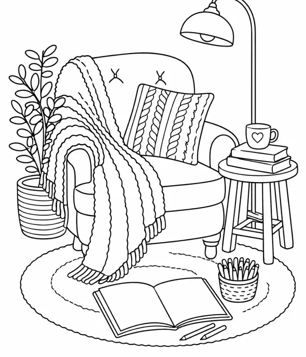 cozy coloring pages for adults reading chair with blanket printable cozy room design