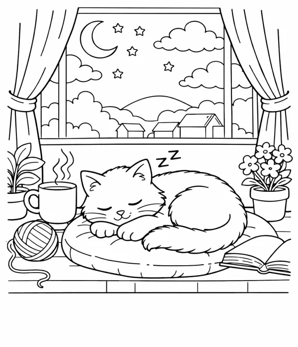 cozy coloring pages for adults sleepy cat printable relaxing design