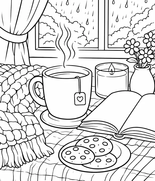 cozy coloring pages for adults tea cup and cookies printable cozy drink design