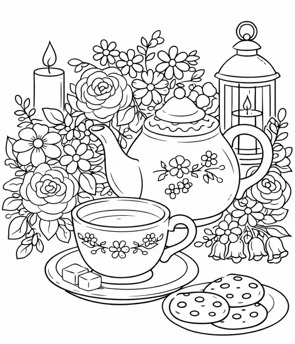 cozy coloring pages for adults tea set with flowers printable cozy drink design