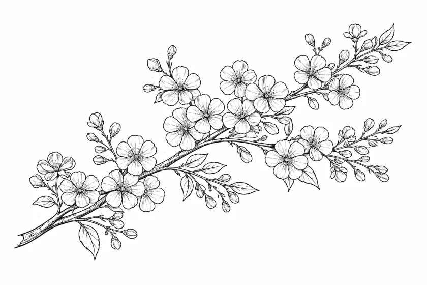 cherry blossom branch coloring page for adults delicate spring sakura floral design